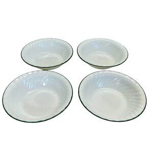 Set Of 4 Corelle White Swirl Rimmed Soup Bowls With Green Trim 6.25" Diameter Du